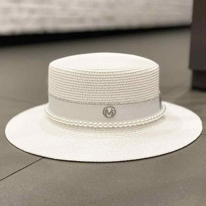 帽子 韓国 パール M スタンダード フラット トップハット 春夏 英国 日よけ 日焼け防止 麦わら帽子 レディース