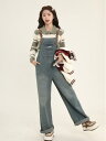 オーバーオール 春秋 サロペット パンツ つなぎ レディース カジュアル ウォッシュド デニム ストレート ワイド ブルー