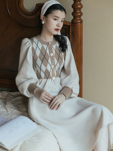 レディース 婦人服 ニット ワンピース ドレス 文学的 レトロ リボン 長袖 秋冬 アール ベージュ レディース 婦人服 ニット ワンピース ドレス 文学的 レトロ リボン 長袖 秋冬 アール ベージュ