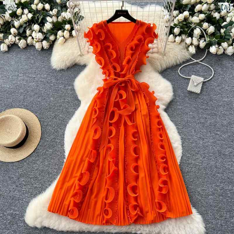 ワンピース レディース おしゃれ プリーツ 女性 夏 ファッション レース ストラップ ウエスト ノースリーブ プリーツ ロング スカート