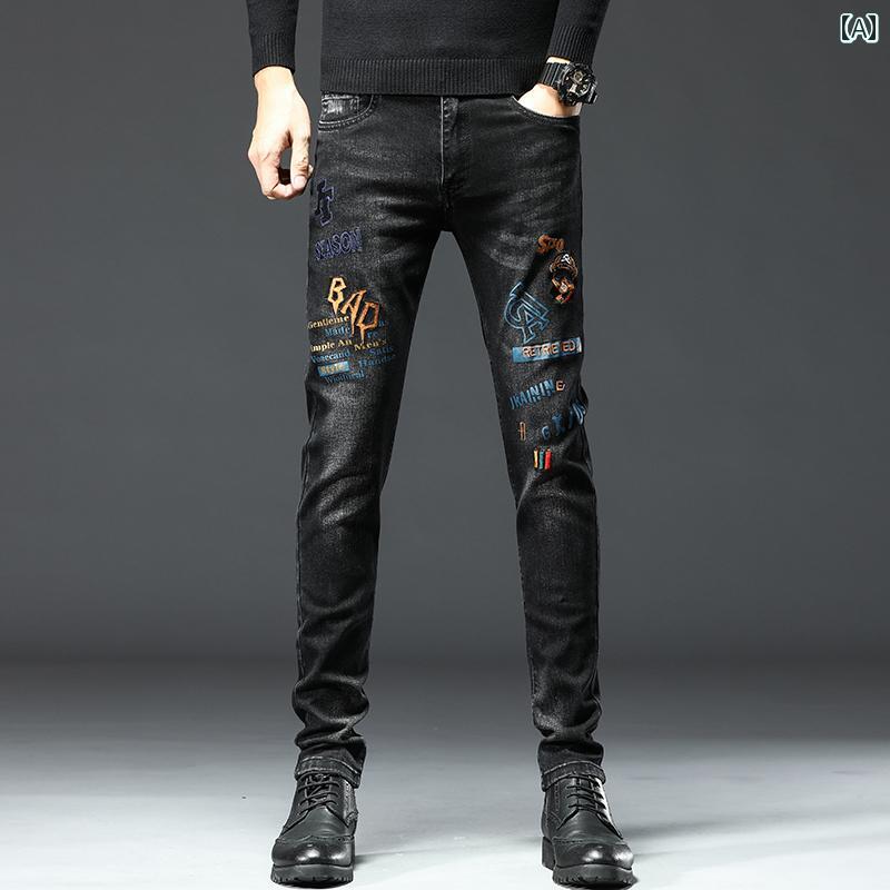 デニムパンツ ブラック カジュアル おしゃれ スタイリッシュ メンズ 秋 刺繍 花柄 ファッション ジッパー ジーンズ 弾性 ズボン 個性的 スリムフィット