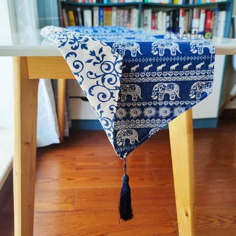 テーブルランナー ロング 綿 リネン 30cm幅 タッセル リバーシブル インテリア ダイニング 装飾 エスニ..