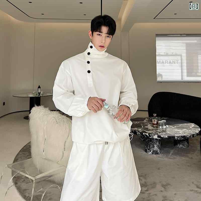 韓国 ストリート ファッション メンズ スタンドカラー ボタン装飾 長袖 日焼け防止 トップス 七分丈 カジュアル セット