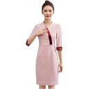 エステ ユニフォーム ワンピース 春 美容院 作業服 スパ ヘルスクラブ フロント ハイウエスト Vネック ジップアップ 女性 夏 大きいサイズ 膝上丈 ピンク ネイビーブルー