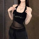 Y2Kファッション ダンス ホルターネック 女性 レディース ノースリーブ ダンス K‐POP ブラック レッド シースルー 透け感 メッシュ トップス クール 黒 赤