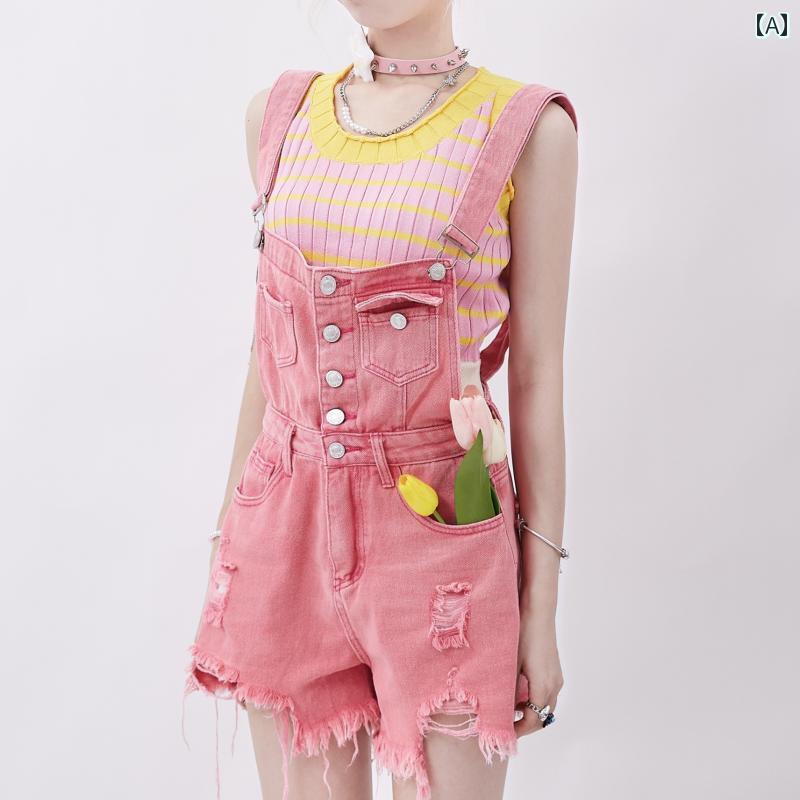 サロペット パンツ レディース オーバーオール つなぎ デニム 夏 レトロ ショート丈 ダメージ ピンク