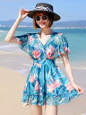 ワンピース 水着 レディース かわいい 夏 プール ビーチ ブルー カジュアル 半袖 スカート ウエストカバー