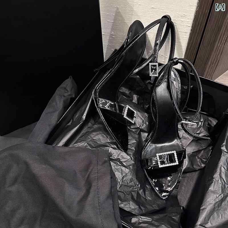 サンダル 夏 オープントゥ ワンストラップ ラインストーン バックル ハイヒール レディース スティレット 華やか ブラック パテントレザー セクシー