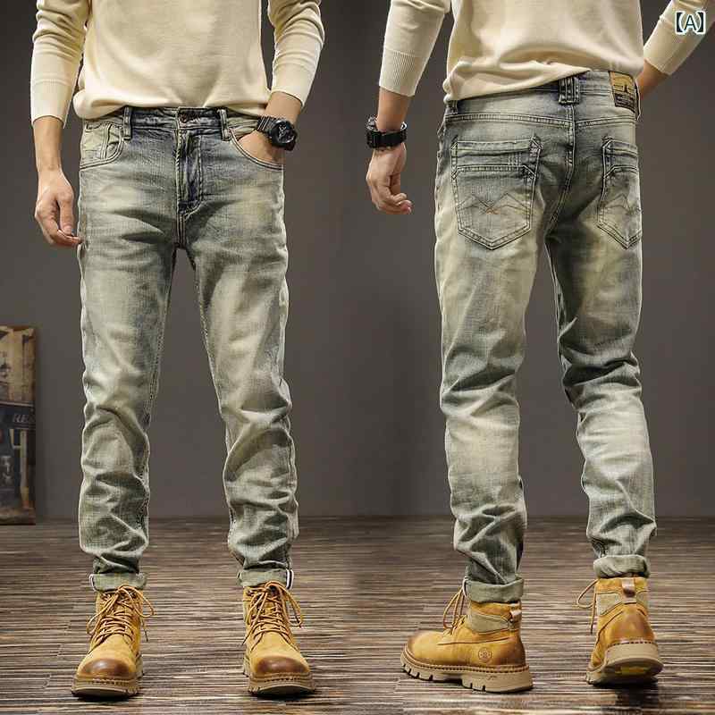メンズ デニム ロングパンツ スリム 韓国 ストレート アメリカン ストリート おしゃれ かっこいい 履きやすい 快適 イベント フェス レジャー アウトドア キャンプ ダンス パフォーマンス 仕事着