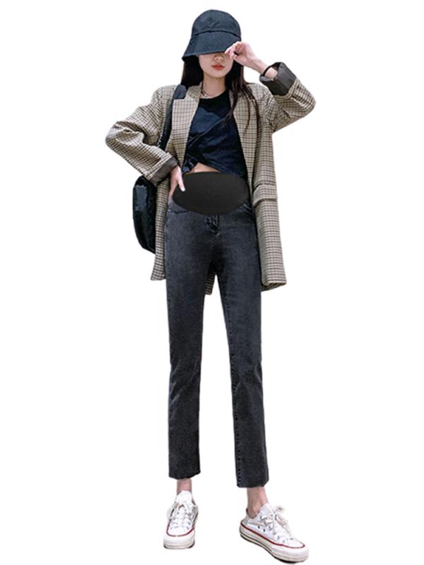 マタニティ ジーンズ 大きいサイズ ボトム シガレットパンツ マタニティパンツ 春秋冬 九分丈 ストレートパンツ 腹部サポート デニム ベルベット 九分丈パンツ