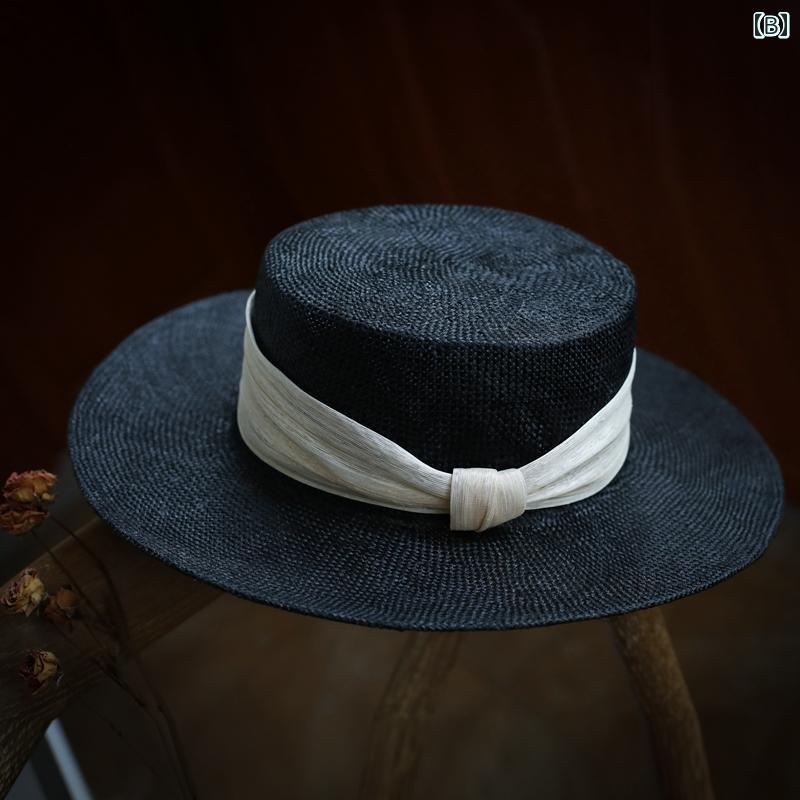 カンカン帽 女性 春夏秋 UVカット 麦わら帽子 リボン サイザル麻 通気性 ゴールドラメ つば広 旅行用 ..