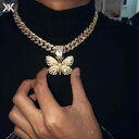 太い チェーン ネックレス 極太 マイアミ キューバン ヒップホップ ごつい ラップ アメリカン ストリート ICED OUT アイスアウト 蝶 バタフライ ペ...