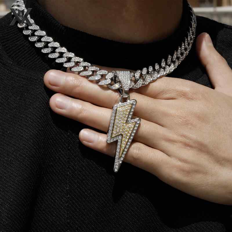 楽天way-ugo太い チェーン ネックレス 極太 マイアミ キューバン ヒップホップ ごつい ラップ アメリカン ストリート ICED OUT アイスアウト 幅 12 mm 二 色 ライトニング フル ストーン 稲妻 ペンダント 鎖骨 メンズ