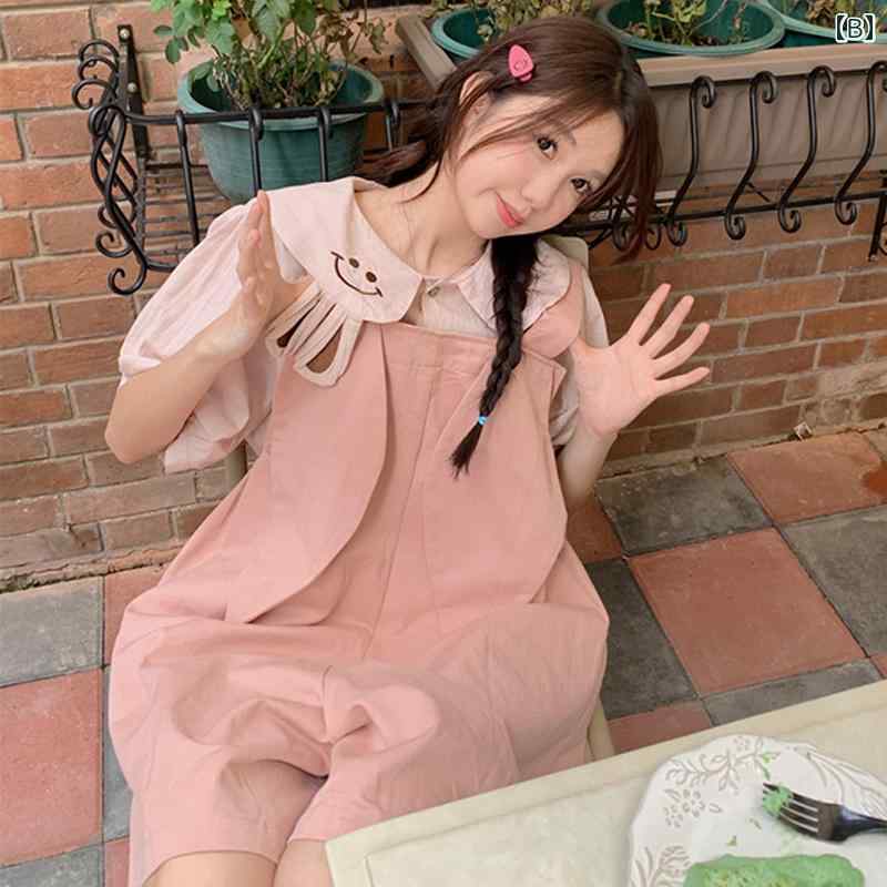 サロペット パンツ レディース オーバーオール つなぎ うさ耳 ショート丈 大きいサイズ スマイル シャツ 半袖 韓国 かわいい ピンク