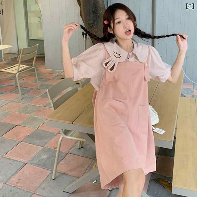 サロペット パンツ レディース オーバーオール つなぎ うさ耳 ショート丈 大きいサイズ スマイル シャツ 半袖 韓国 かわいい ピンク