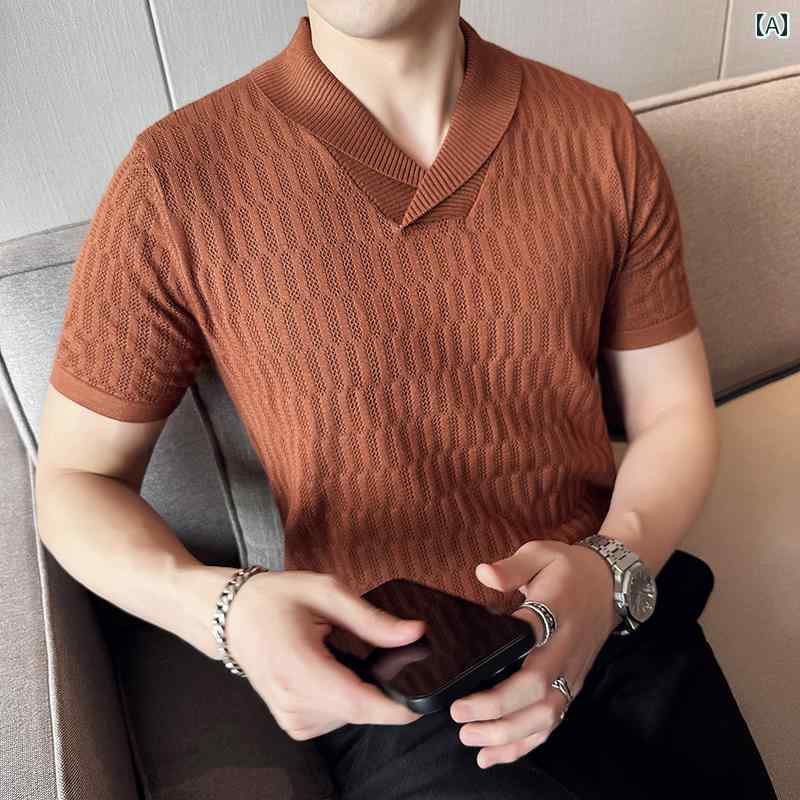 メンズ トップス 襟 半袖 Tシャツ 男性用 夏 冷感 薄手 紳士服 セーター ニット生地 スリムフィット シンプル