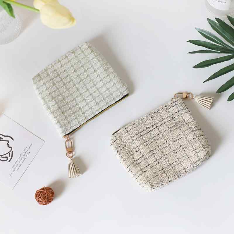 ポーチ 小銭入れ レディース ミニ 財布 コインケース シンプル コンパクト 小物 収納 バッグ ツイード ホワイト ベージュ