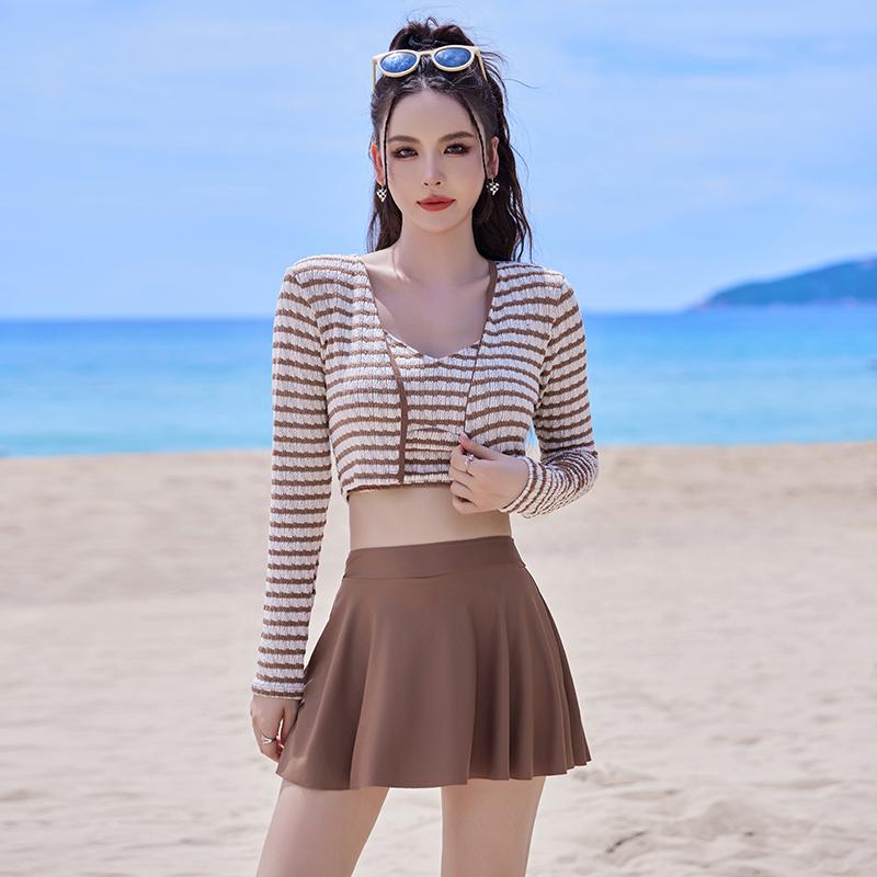 水着 レディース ファッション 夏 サマー ラウンドネック ブラック コーヒー 長袖 スカート 分割 スイミング