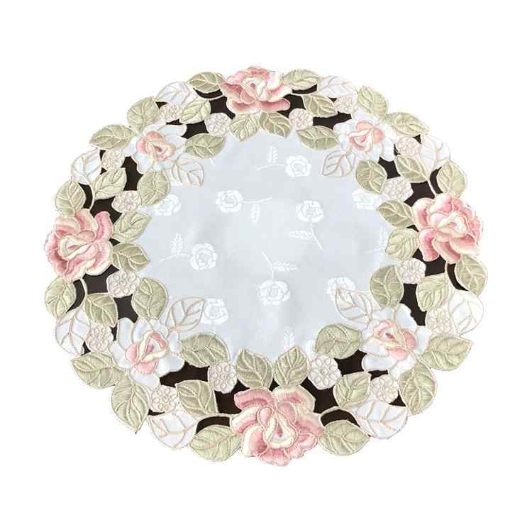 テーブルセンター コースター ラウンド ジャガード サテン 刺繍 洗える インテリア ダイニング 装飾 クロス チャイナ風 おしゃれ エレガント 花柄 バラ アイボリー