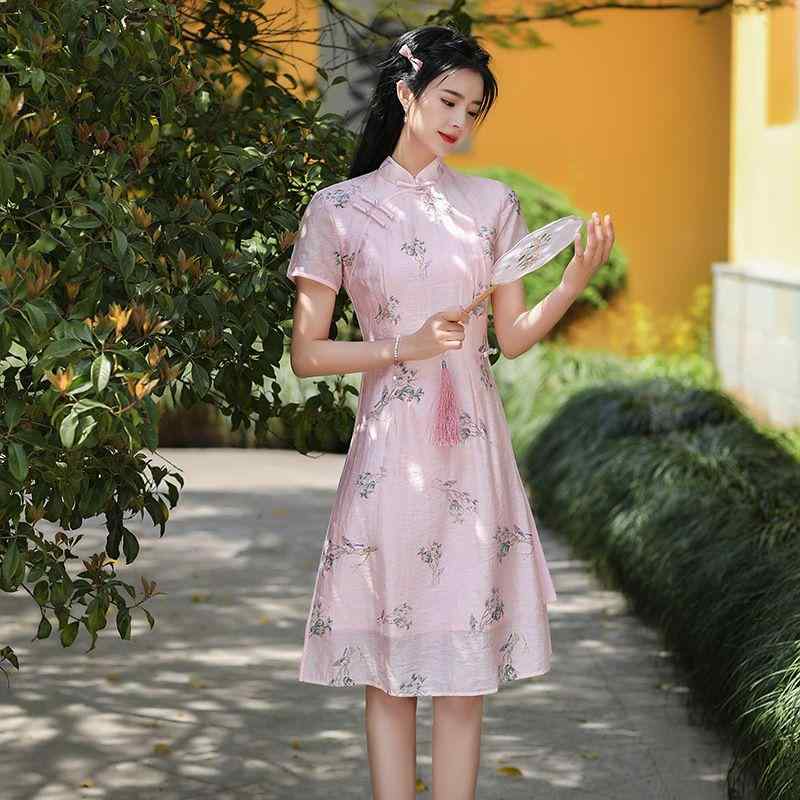 アオザイ チャイナドレス 春夏 中国風 レディース ワンピース フェアリー ショッピング レジャー レトロ ピンク