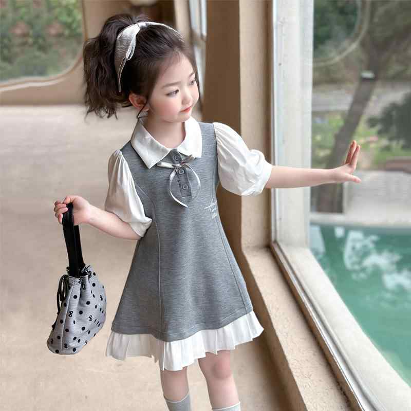 ワンピース 女の子 キッズ ガールズ 子供服 春夏 半袖 スクール風 ポロ プリーツ ロゴ コットン グレー..