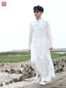 チャイナ服 メンズ チャンパオ 薄手 ロング パフォーマンス プリント シフォン レトロ 夏 ホワイト ブラック スタンドカラー ラウンドネック