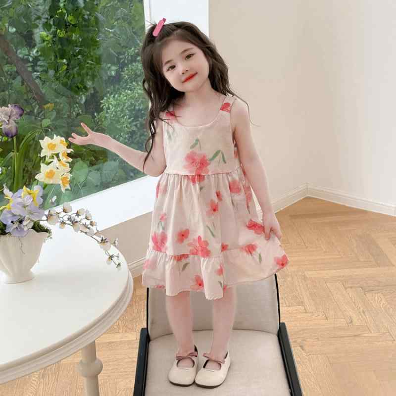 ワンピース 女の子 キッズ 小花柄 キャミソール ノースリーブ プリンセスライン 薄手 軽量 綿 コットン 春夏 ビーチ リゾート ピンク ブルー かわいい おしゃれ