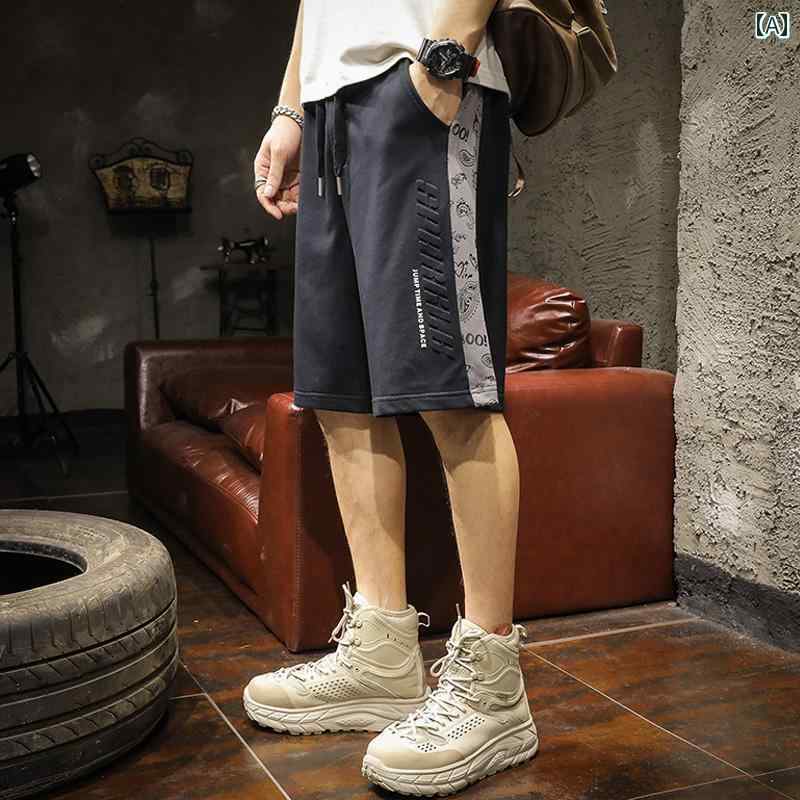 ハーフパンツ メンズ 男性用 ショートパンツ 膝上丈スボン 五分丈 ボトムス 夏 アメリカン ストレート スウェット カジュアル スポーツ サイドプリント ツートーン 2色 やや伸縮性あり 大きいサイズ 綿混紡 ポリエステル ノーアイロン 黒 大きいサイズ