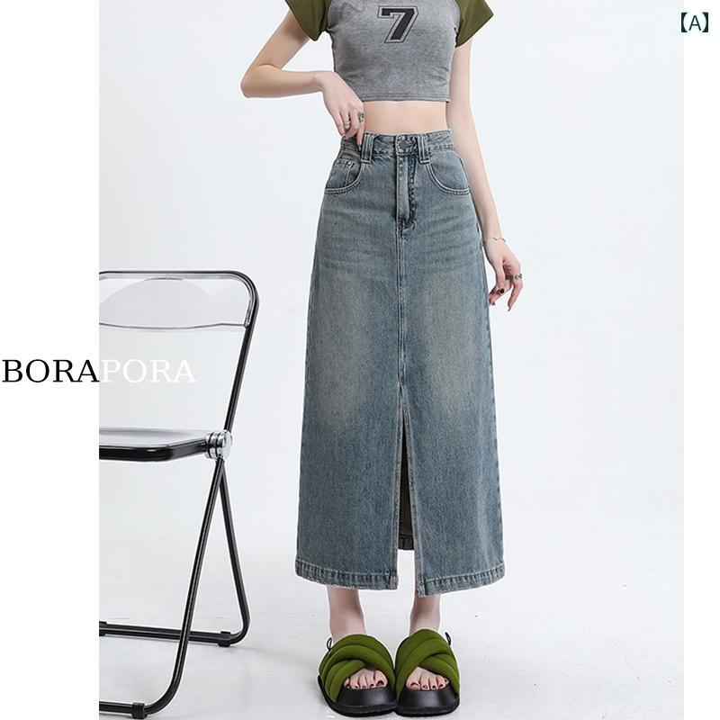 デニムスカート レディース カジュアル ボトムス レトロ ハイウエスト 女性 夏 ミドル丈 ヒップ カバー a ライン スリット ヒップ カバー スカート