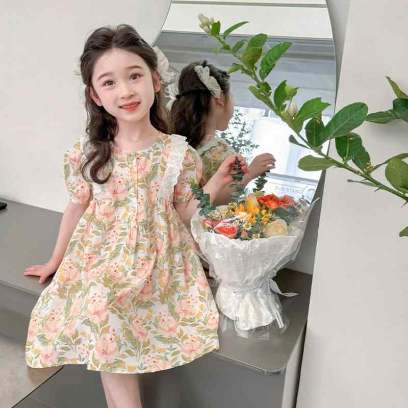 ワンピース 女の子 キッズ 子供服 夏 プリンセスドレス パフスリーブ 花柄 フラワー コットン 綿 オレンジピンク かわいい おしゃれ スウィート 普段使い お出かけ 柔らかい