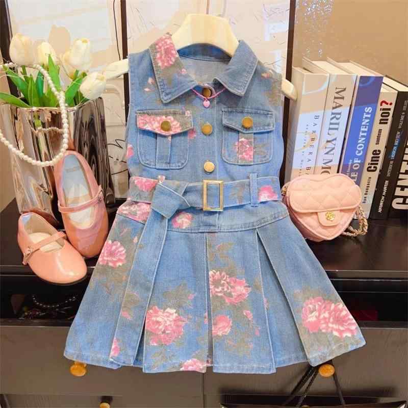 ワンピース キッズ 女の子 韓国風 春夏 ノースリーブ 綿 コットン グリーン 小花柄 デニム Aライン プ..