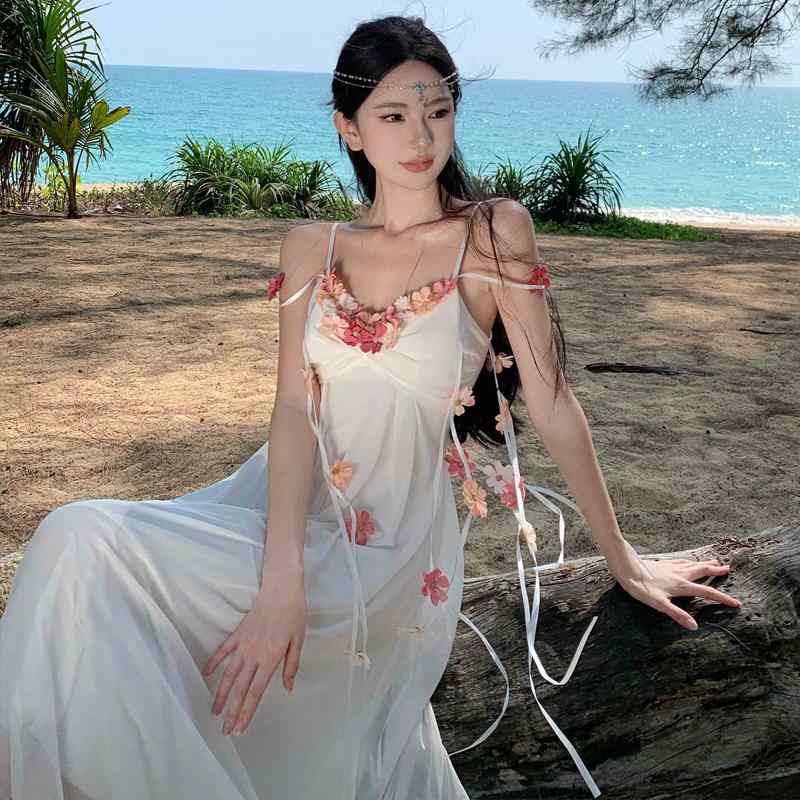 ワンピース サスペンダードレス ロング レディース エスニック ボヘミアン リゾート ビーチ キャミソール 花 スーパー フェアリー 女性 夏 海辺 休暇 精巧 ロングスカート ガーゼ ドレス