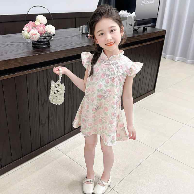 ワンピース キッズ 女の子 春夏 おしゃれ プリンセスドレス チャイナドレス 中国風 小花柄 フラワー柄 綿素材 柔らか 肌触り良い キュートな プリント お出かけ 普段着 ピンク イエロー