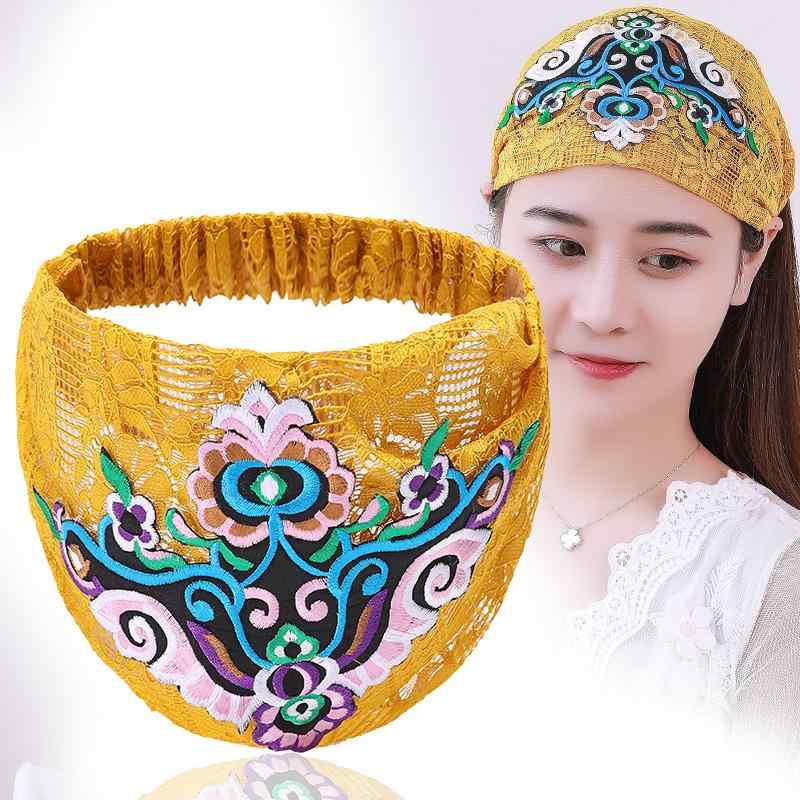 ヘア バンド おしゃれ レディース ヘッド レトロ エスニック 頭飾り 刺繍 アクセサリー レース 黄 ピン..