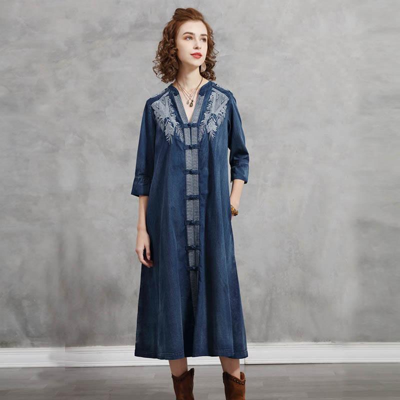 デニム ワンピース レディース 春 エスニック 大きめサイズ ドレス 刺繍 ミドル丈 デニムスカート ミモレ丈スカート ゆったりウエスト 体型カバー