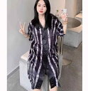 パジャマ ルームウェア 女性用 ワンピース 夏 魅惑的 綿 半袖 ミドル丈 黒 ストライプ ハイエンド ナイトガウン 女性 大きめ サイズ ホームウェア