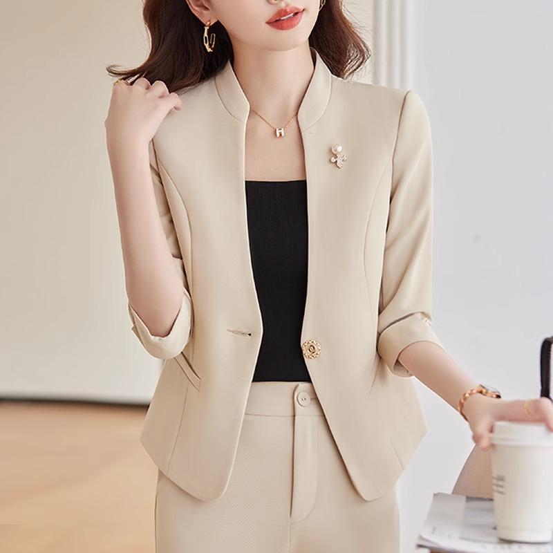 レディース ジャケット 薄手 春夏 七分袖 アプリコット アイボリー 黒 小さめ 上下セット ズボン インナー オフィス ビジネス 通勤 無地 スタンドカラー 大きいサイズ