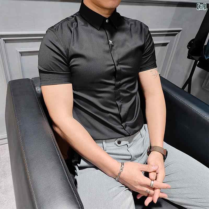 メンズ Yシャツ スタイリッシュ 男性 ファッション オールシーズン ビジネス カジュアル 半袖 シャツ トップス 紳士 ハイエンド スリム フィット