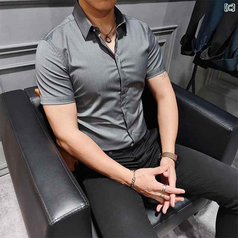 メンズ Yシャツ スタイリッシュ 男性 ファッション オールシーズン ビジネス カジュアル 半袖 シャツ トップス 紳士 ハイエンド スリム フィット