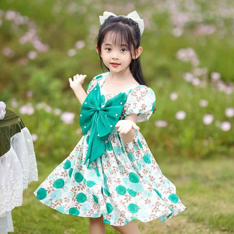 ワンピース 女の子 キッズ 春夏 韓国風 シフォン 花柄 パフスリーブ プリンセスドレス リボン付き おしゃれ かわいい プリーツスカート 子供服