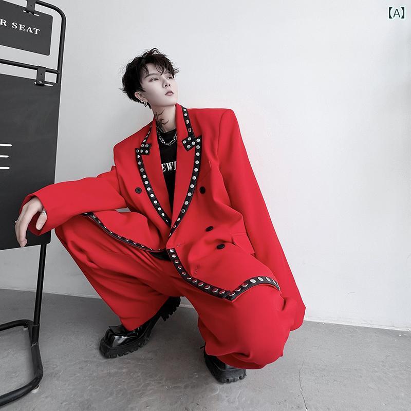 メンズ レザー スタッズ スーツ ツーピース 高級感 スーツ 韓国 ゆったり(4)