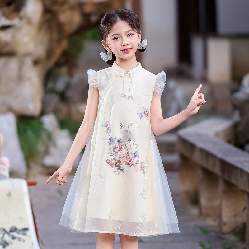 チャイナドレス 女の子 子供 中国風 ワンピース 漢服 レトロ 花柄 刺繍 シフォン ポリエステル 薄手 上..