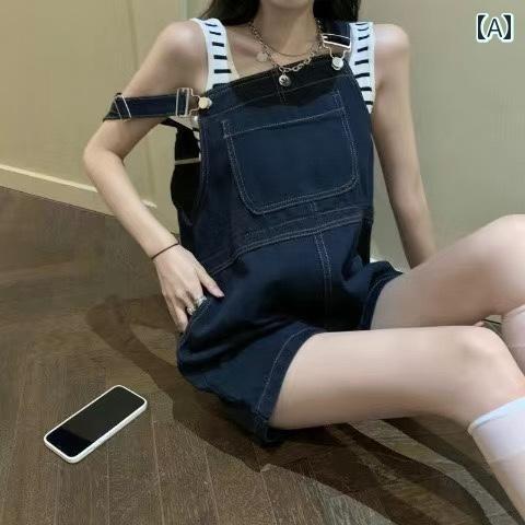 サロペット ショート丈 パンツ レディース オーバーオール つなぎ デニム 夏 韓国 ワイド ネイビー