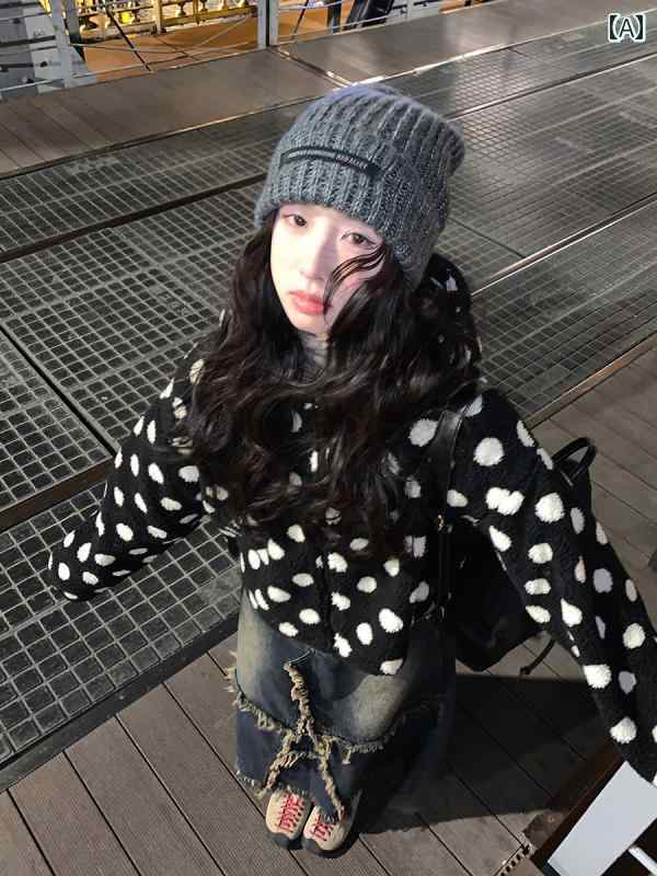 ボア パーカー レディース アウター おしゃれ ジャケット ウール かわいい 韓国 フード付き ドット ベージュ