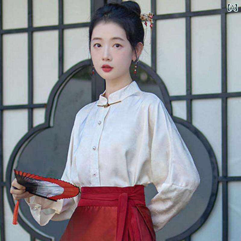 チャイニーズ スタイル レディース スカート シャツ 春秋 長袖 中国 婦人服 チャイナ風 トップス シングルブレスト スタンドカラー ブラウス 大きいサイズ レトロ ゆったり ジャカード