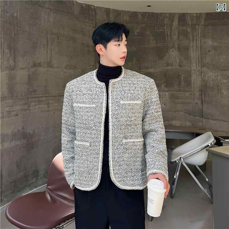 メンズ ジャケット おしゃれ 秋 レトロ 羊毛 男性向けコート 織り帯 韓国 クール ジャケット チェック柄 ラウンドネック 長袖