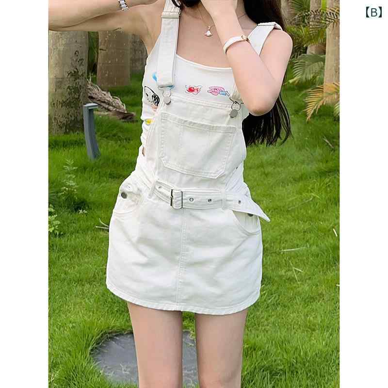 サロペット ショート丈 パンツ レディース オーバーオール つなぎ デニム サスペンダー スカート 夏 ウエスト スリム ショーツ 青 白