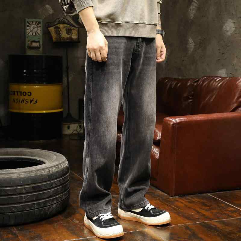 メンズ ロングパンツ 長ズボン アメリカン 春夏秋 デニム ジーンズ ウォッシュド レトロ ヴィンテージ カジュアル 綿混紡 ポリエステル ワイド ストリート やや伸縮性あり ノスタルジー 男性 大きいサイズ ボトムス グレーブラック ブルー 青 黒灰