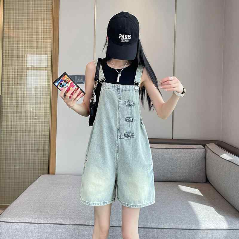 サロペット ショート丈 パンツ レディース オーバーオール つなぎ 夏 中国風 デニム サスペンダー丈 デニムショーツ 薄手 韓国 スリムフィット 小柄 ジャンプスーツ 水色 紺