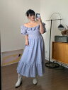 ワンピース 大きいサイズ ぽっちゃり レディース 夏 半袖 オフショルダー Aライン フレア ロング丈 胸元 フリル ギンガムチェック かわいい ガーリー(4)